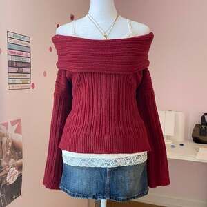 y2k dark red off the shoulder foldover knit sweater